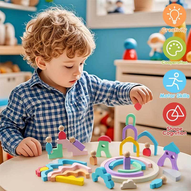 Wooden Rainbow Stacking Toys for Toddlers, 46 Pcs Stacking Building Blocks with Little People/Tree/House/Mountain, Montessori Toys Birthday Gifts for Preschool Kids 3 4 5 Years Old | Shinymarch
