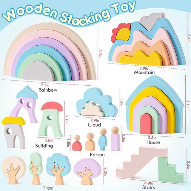 Wooden Rainbow Stacking Toys for Toddlers, 46 Pcs Stacking Building Blocks with Little People/Tree/House/Mountain, Montessori Toys Birthday Gifts for Preschool Kids 3 4 5 Years Old | Shinymarch