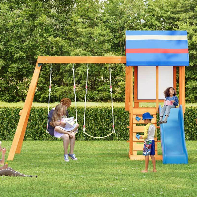 Wooden Outdoor Swing Set 3 in 1 Swing Set outdoor Children's Playset with Slide , 2 Swings and Climber for Garden, Backyard and Playground, Blue | Shinymarch