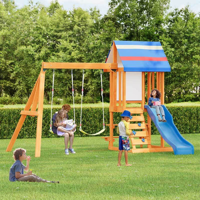 Wooden Outdoor Swing Set 3 in 1 Swing Set outdoor Children's Playset with Slide , 2 Swings and Climber for Garden, Backyard and Playground, Blue | Shinymarch