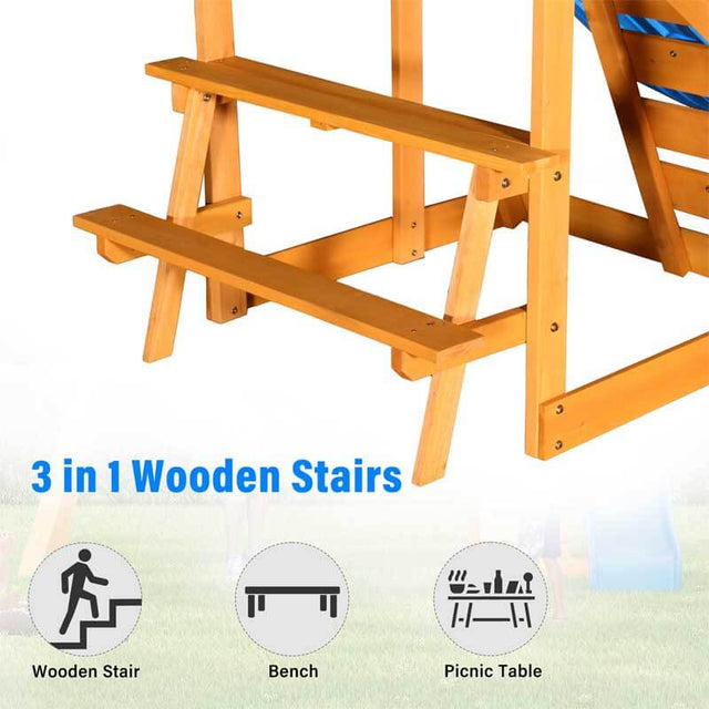 Wooden Outdoor Swing Set 3 in 1 Swing Set outdoor Children's Playset with Slide , 2 Swings and Climber for Garden, Backyard and Playground, Blue | Shinymarch