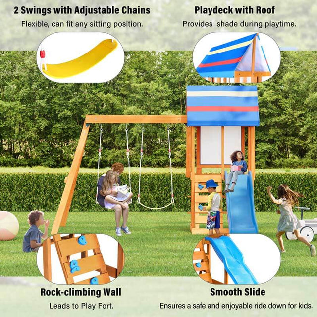 Wooden Outdoor Swing Set 3 in 1 Swing Set outdoor Children's Playset with Slide , 2 Swings and Climber for Garden, Backyard and Playground, Blue | Shinymarch
