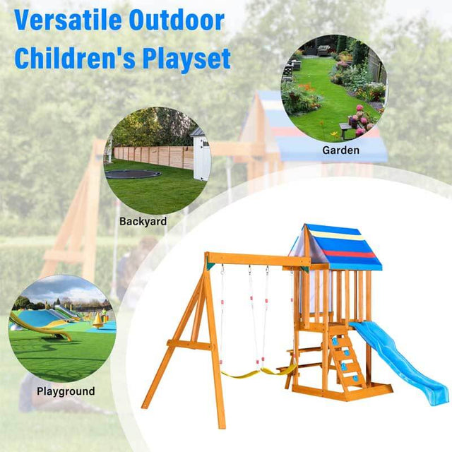 Wooden Outdoor Swing Set 3 in 1 Swing Set outdoor Children's Playset with Slide , 2 Swings and Climber for Garden, Backyard and Playground, Blue | Shinymarch