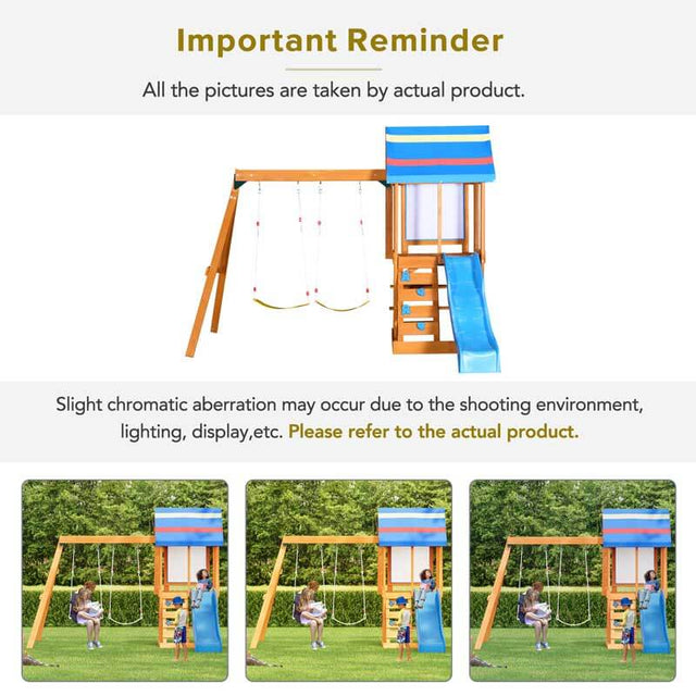 Wooden Outdoor Swing Set 3 in 1 Swing Set outdoor Children's Playset with Slide , 2 Swings and Climber for Garden, Backyard and Playground, Blue | Shinymarch