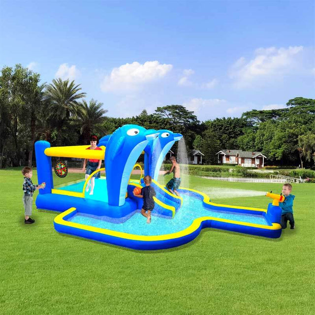 8 in1 Inflatable slide water park trampoline bouncing house outdoor garden with Dolphin sprinkler & Target games & Water gun & Basketball | Shinymarch