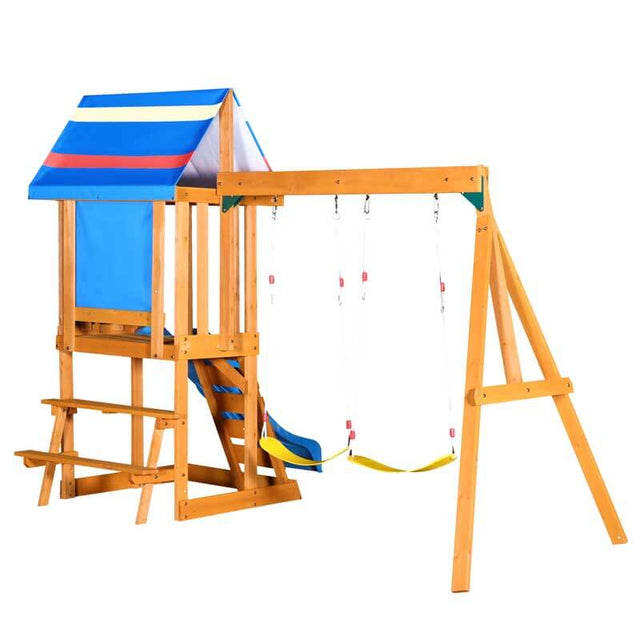 Wooden Outdoor Swing Set 3 in 1 Swing Set outdoor Children's Playset with Slide , 2 Swings and Climber for Garden, Backyard and Playground, Blue | Shinymarch