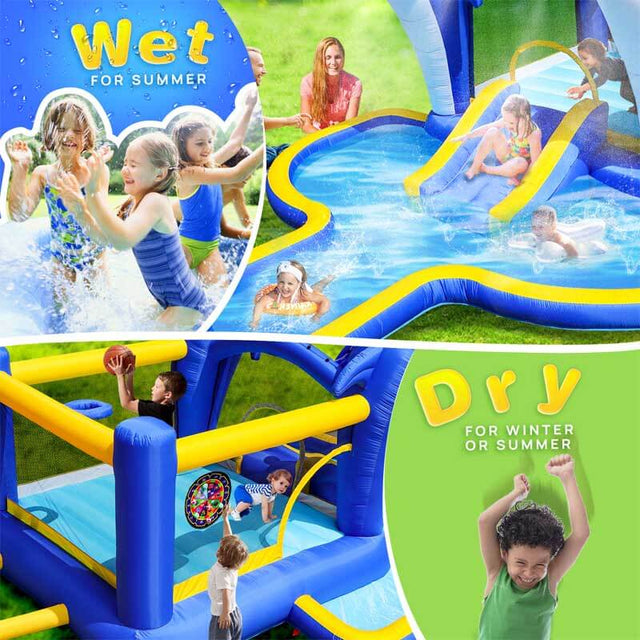 8 in1 Inflatable slide water park trampoline bouncing house outdoor garden with Dolphin sprinkler & Target games & Water gun & Basketball | Shinymarch