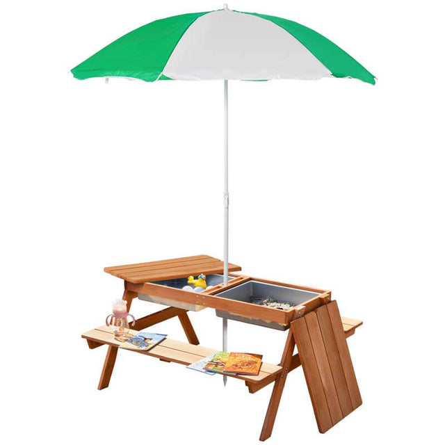 Outsunny Kids Picnic Table with Umbrella and Storage Inside, Sand and Water Table, Kids Outdoor Furniture, Wooden Bench Backyard Furniture for Garden, Patio, or Balcony | Shinymarch