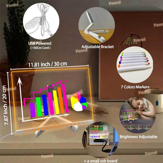 Glowing LED Kids Drawing Board with Colors & Night Light – 11.8"x7.9" Acrylic Desktop Dry Erase Memo Whiteboard, USB Powered, Dimmable, to Do List, Planning for Home/Kitchen/Office/School | Shinymarch