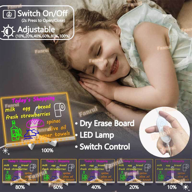 Glowing LED Kids Drawing Board with Colors & Night Light – 11.8"x7.9" Acrylic Desktop Dry Erase Memo Whiteboard, USB Powered, Dimmable, to Do List, Planning for Home/Kitchen/Office/School | Shinymarch