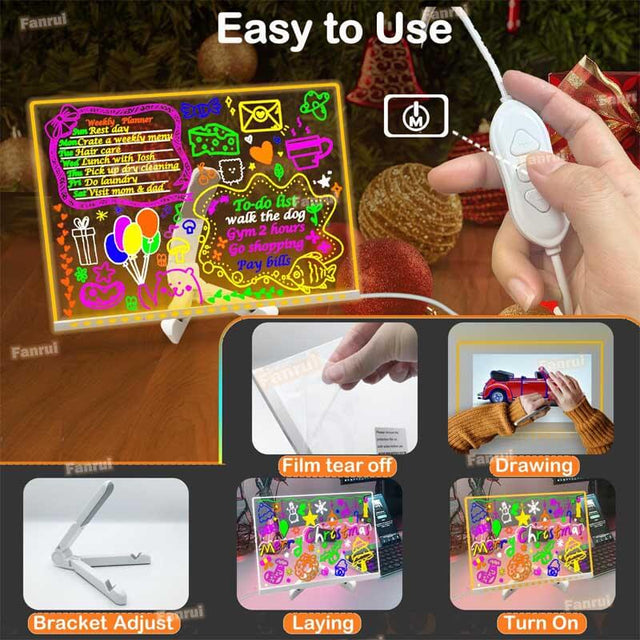Glowing LED Kids Drawing Board with Colors & Night Light – 11.8"x7.9" Acrylic Desktop Dry Erase Memo Whiteboard, USB Powered, Dimmable, to Do List, Planning for Home/Kitchen/Office/School | Shinymarch