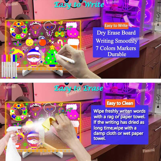 Glowing LED Kids Drawing Board with Colors & Night Light – 11.8"x7.9" Acrylic Desktop Dry Erase Memo Whiteboard, USB Powered, Dimmable, to Do List, Planning for Home/Kitchen/Office/School | Shinymarch