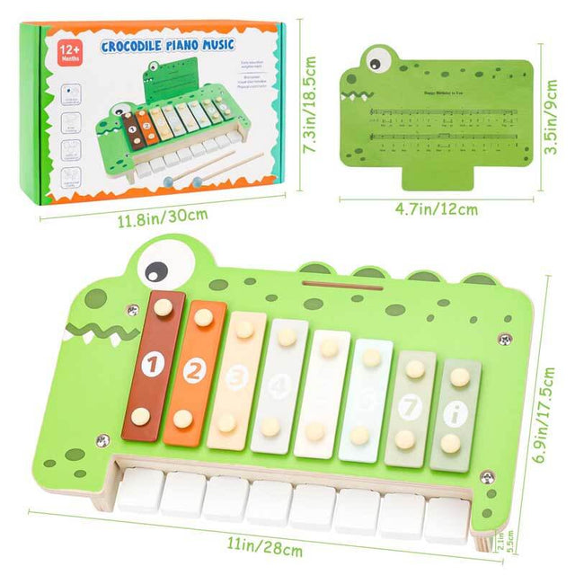 Baby Piano Xylophone Musical Toys - 2 in 1 Wooden Montessori Crocodile Toys for Toddler Kids, 8 Multicolored Key Keyboard Instruments, Preschool Educational Musical Learning Toy for Girls Boys | Shinymarch