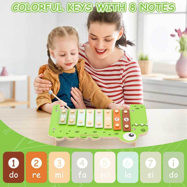 Baby Piano Xylophone Musical Toys - 2 in 1 Wooden Montessori Crocodile Toys for Toddler Kids, 8 Multicolored Key Keyboard Instruments, Preschool Educational Musical Learning Toy for Girls Boys | Shinymarch