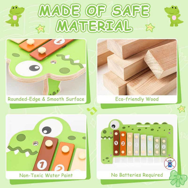 Baby Piano Xylophone Musical Toys - 2 in 1 Wooden Montessori Crocodile Toys for Toddler Kids, 8 Multicolored Key Keyboard Instruments, Preschool Educational Musical Learning Toy for Girls Boys | Shinymarch