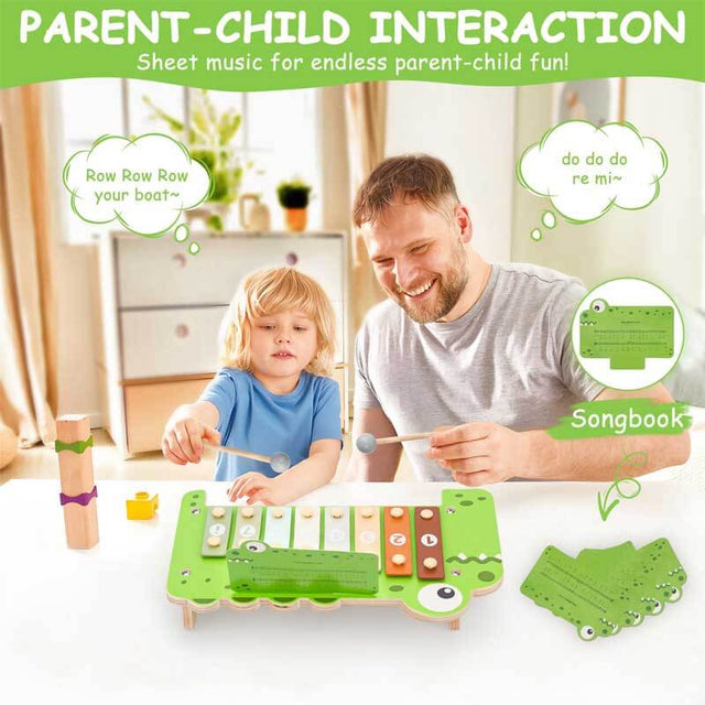 Baby Piano Xylophone Musical Toys - 2 in 1 Wooden Montessori Crocodile Toys for Toddler Kids, 8 Multicolored Key Keyboard Instruments, Preschool Educational Musical Learning Toy for Girls Boys | Shinymarch