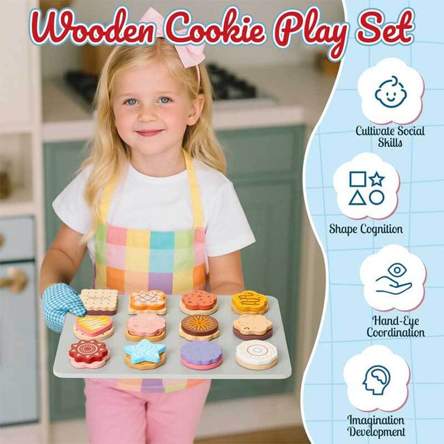 Wooden Cookie Play Food Set for Kids Kitchen, Pretend Play Toy Food for Toddlers 1-3 with 12 Cookies & Accessories & Gift Boxes, Kids Baking Set Christmas Birthday Gift for Girls Boys 3 4 5 6 | Shinymarch