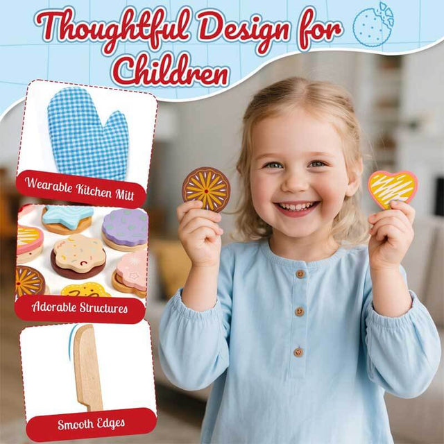 Wooden Cookie Play Food Set for Kids Kitchen, Pretend Play Toy Food for Toddlers 1-3 with 12 Cookies & Accessories & Gift Boxes, Kids Baking Set Christmas Birthday Gift for Girls Boys 3 4 5 6 | Shinymarch