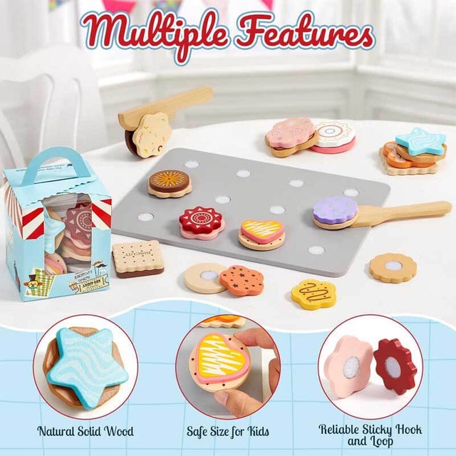 Wooden Cookie Play Food Set for Kids Kitchen, Pretend Play Toy Food for Toddlers 1-3 with 12 Cookies & Accessories & Gift Boxes, Kids Baking Set Christmas Birthday Gift for Girls Boys 3 4 5 6 | Shinymarch