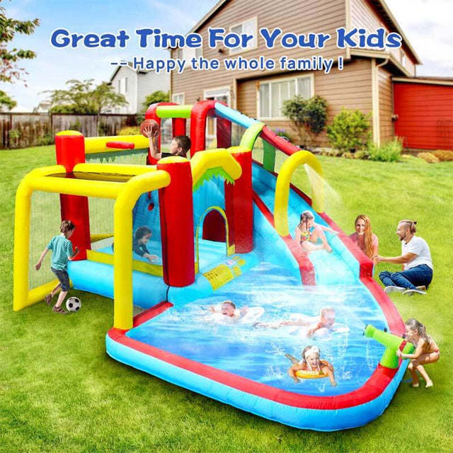 7 in1 Inflatable slide water park bouncing house outdoor Soccer garden bouncer with Splash pool & Water gun & Climbing wall & Basketball & Football | Shinymarch