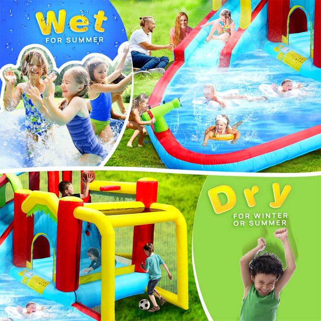 7 in1 Inflatable slide water park bouncing house outdoor Soccer garden bouncer with Splash pool & Water gun & Climbing wall & Basketball & Football | Shinymarch
