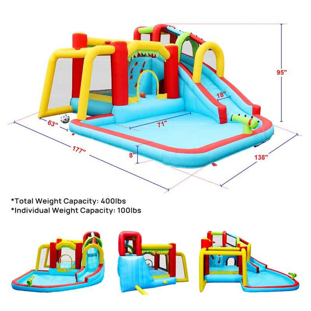 7 in1 Inflatable slide water park bouncing house outdoor Soccer garden bouncer with Splash pool & Water gun & Climbing wall & Basketball & Football | Shinymarch