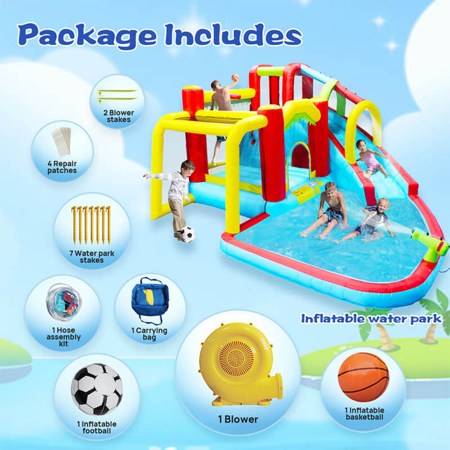 7 in1 Inflatable slide water park bouncing house outdoor Soccer garden bouncer with Splash pool & Water gun & Climbing wall & Basketball & Football | Shinymarch
