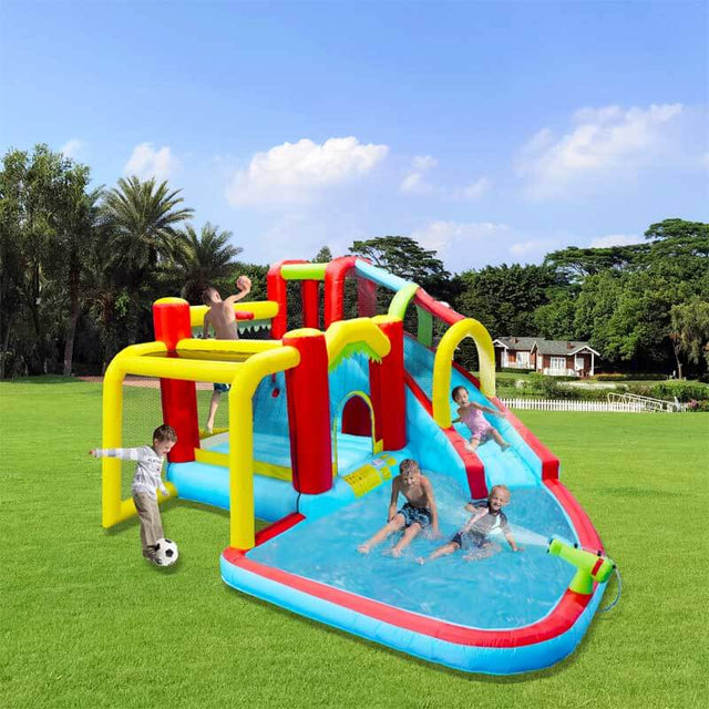 7 in1 Inflatable slide water park bouncing house outdoor Soccer garden bouncer with Splash pool & Water gun & Climbing wall & Basketball & Football | Shinymarch