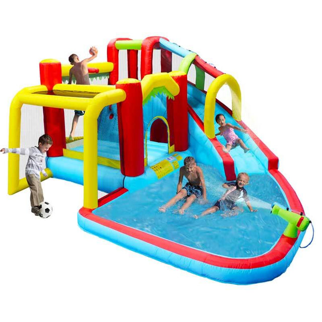 7 in1 Inflatable slide water park bouncing house outdoor Soccer garden bouncer with Splash pool & Water gun & Climbing wall & Basketball & Football | Shinymarch