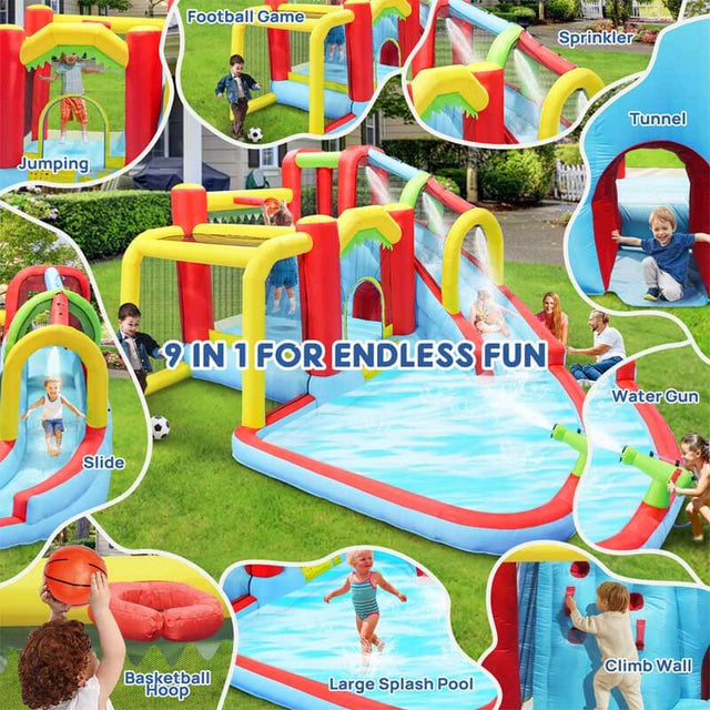 7 in1 Inflatable slide water park bouncing house outdoor Soccer garden bouncer with Splash pool & Water gun & Climbing wall & Basketball & Football | Shinymarch