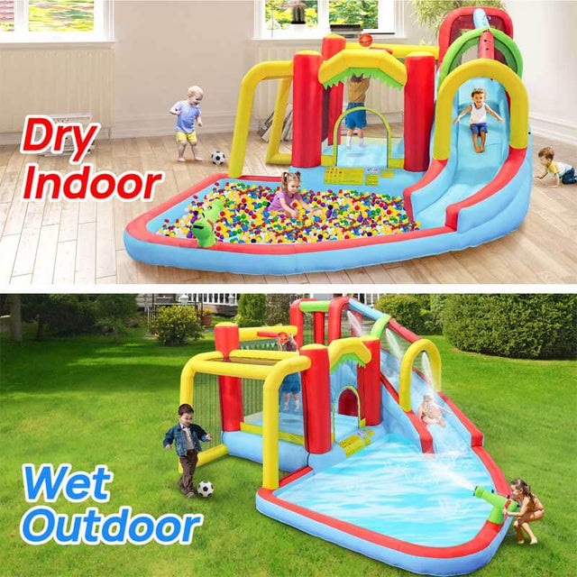 7 in1 Inflatable slide water park bouncing house outdoor Soccer garden bouncer with Splash pool & Water gun & Climbing wall & Basketball & Football | Shinymarch