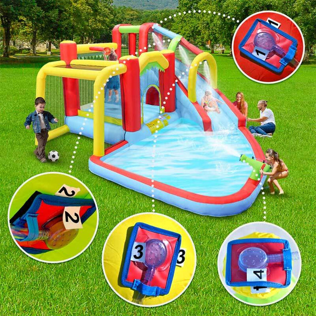 7 in1 Inflatable slide water park bouncing house outdoor Soccer garden bouncer with Splash pool & Water gun & Climbing wall & Basketball & Football | Shinymarch