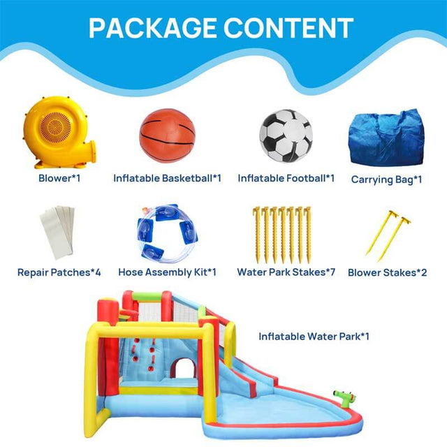 7 in1 Inflatable slide water park bouncing house outdoor Soccer garden bouncer with Splash pool & Water gun & Climbing wall & Basketball & Football | Shinymarch