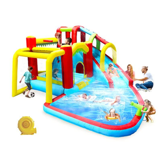 7 in1 Inflatable slide water park bouncing house outdoor Soccer garden bouncer with Splash pool & Water gun & Climbing wall & Basketball & Football | Shinymarch