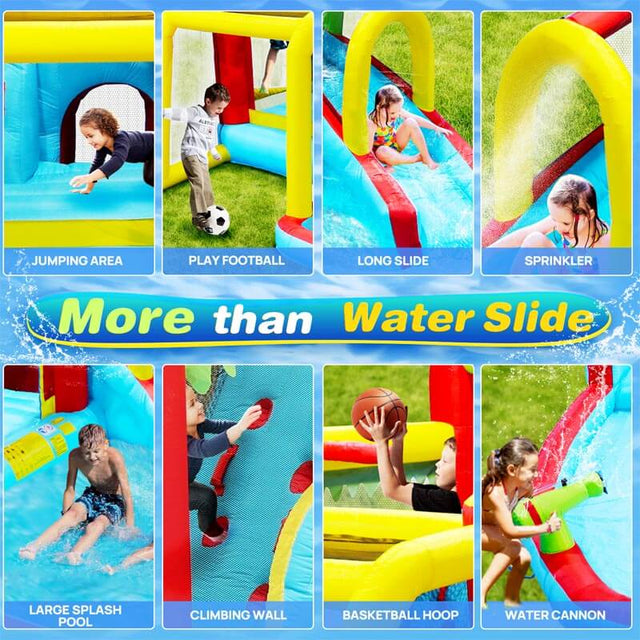 7 in1 Inflatable slide water park bouncing house outdoor Soccer garden bouncer with Splash pool & Water gun & Climbing wall & Basketball & Football | Shinymarch