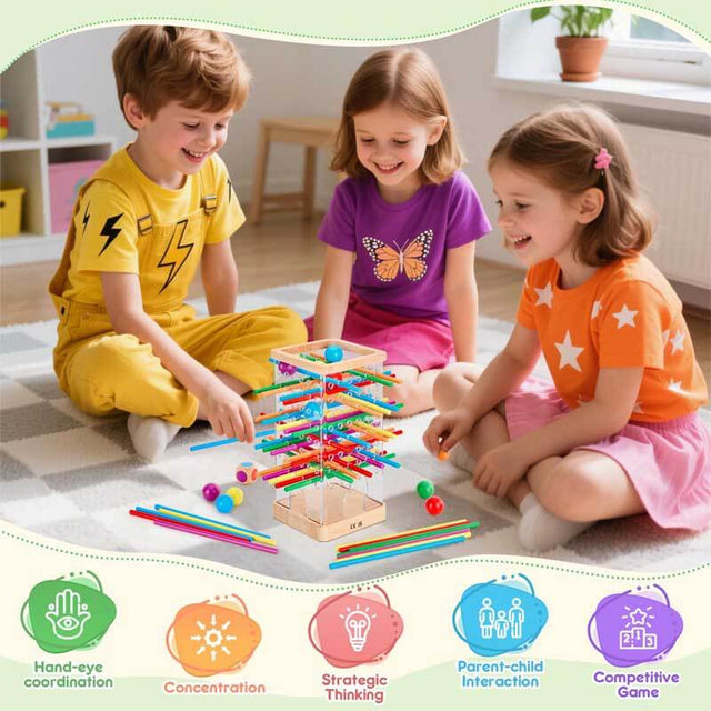 Montessori Wooden Board Games, 48 Colorful Sticks Dice Game with 12 Balls, Family Game for Kids and Adults, Math Educational Toys for 3 4 5 6 Years Old, Fine Motor Skills Toy Gifts for Boys and Girls | Shinymarch