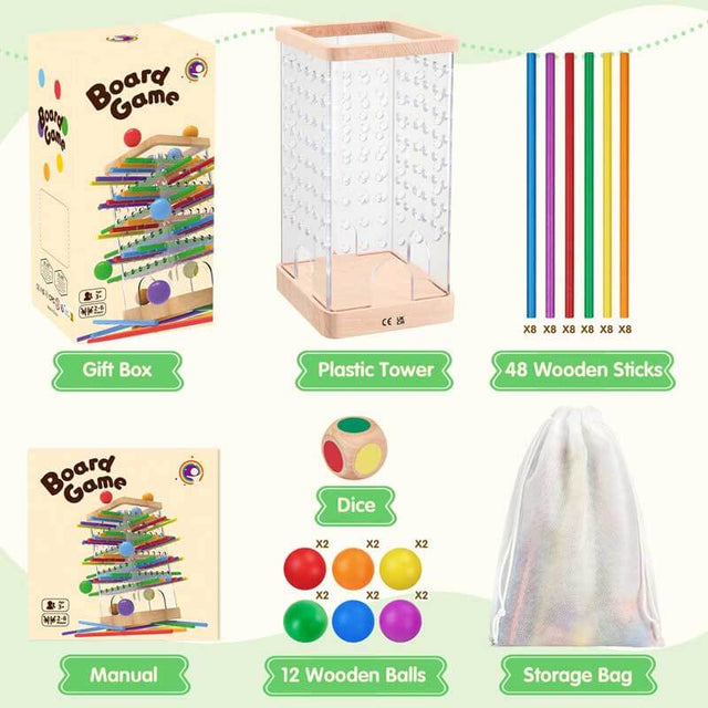 Montessori Wooden Board Games, 48 Colorful Sticks Dice Game with 12 Balls, Family Game for Kids and Adults, Math Educational Toys for 3 4 5 6 Years Old, Fine Motor Skills Toy Gifts for Boys and Girls | Shinymarch