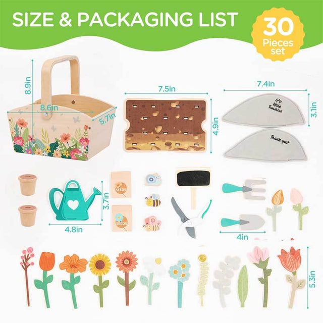 Toddler Wooden Gardening Toys Set-30 Pieces with Hand-held Flower Box for 3 to 8 Year Old Pretend Play Flower Garden Toy,Kids Learning Resources Educational Toy,Girls Birthday Gift | Shinymarch