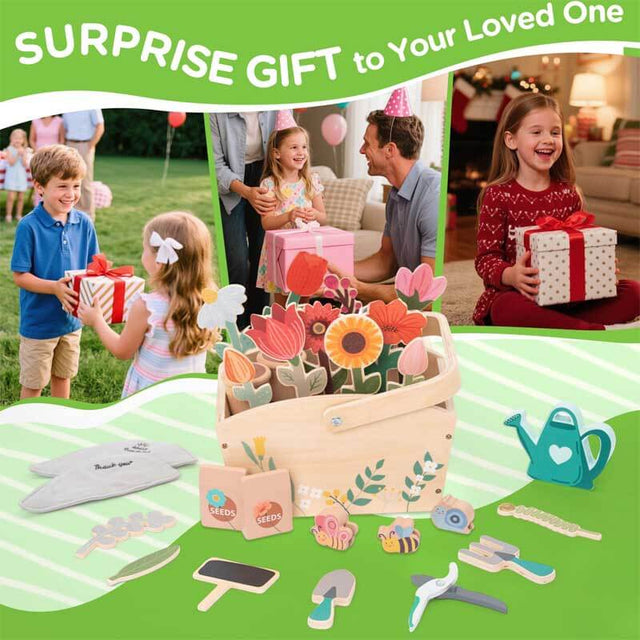 Toddler Wooden Gardening Toys Set-30 Pieces with Hand-held Flower Box for 3 to 8 Year Old Pretend Play Flower Garden Toy,Kids Learning Resources Educational Toy,Girls Birthday Gift | Shinymarch