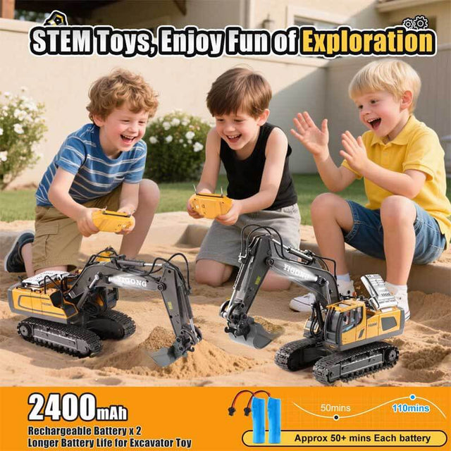 Remote Control Excavator Toys for 4 5 6 7 8 Year Old Boys Gifts, 11CH 2400mAh 2.4GHz RC Cars Construction Toy Truck Digger Metal Shovel Sound Light, Kids Boys Toys Age 4-6 5-7 6-8 Birthday Gift | Shinymarch