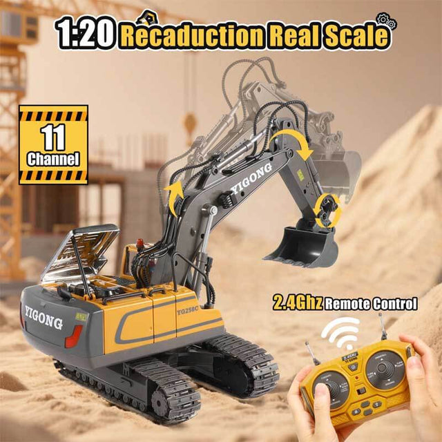 Remote Control Excavator Toys for 4 5 6 7 8 Year Old Boys Gifts, 11CH 2400mAh 2.4GHz RC Cars Construction Toy Truck Digger Metal Shovel Sound Light, Kids Boys Toys Age 4-6 5-7 6-8 Birthday Gift | Shinymarch