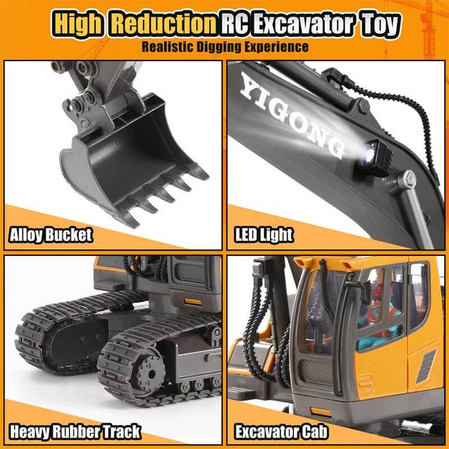 Remote Control Excavator Toys for 4 5 6 7 8 Year Old Boys Gifts, 11CH 2400mAh 2.4GHz RC Cars Construction Toy Truck Digger Metal Shovel Sound Light, Kids Boys Toys Age 4-6 5-7 6-8 Birthday Gift | Shinymarch