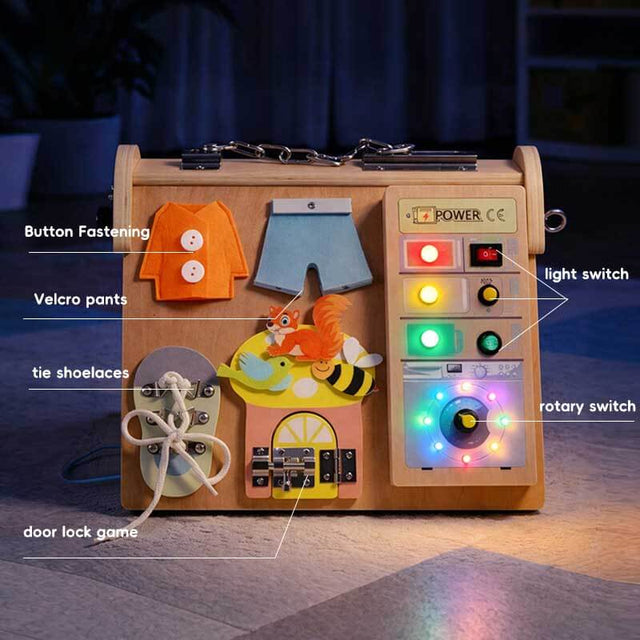 Wooden Sensory Panel with Light Up Buttons and Controls for Cognitive Growth Fine Motor Skill Toy | Shinymarch