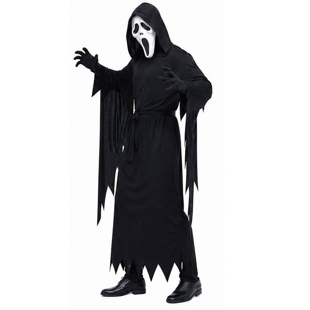 Grim Reaper Costume Set for Kids & Adults - Includes Scary Scream Mask, Hooded Robe & Toy Sickle Scythe for Halloween Cosplay | Kalawee