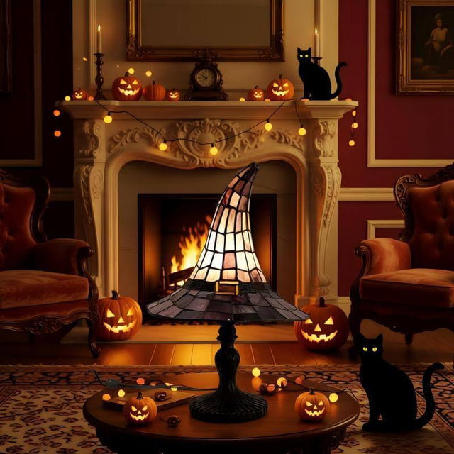 Gothic Witch Hat Table Lamp - Tiffany Style Stained Glass Stained Resin Night Light for Halloween & Spooky Home Decor | Kalawee