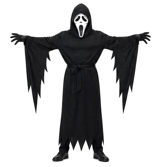 Grim Reaper Costume Set for Kids & Adults - Includes Scary Scream Mask, Hooded Robe & Toy Sickle Scythe for Halloween Cosplay | Kalawee