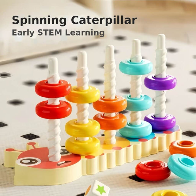 Spinning Stacking Caterpillar Toy for Toddlers 1-3, 5-Tower Auto-Spin Drop Rainbow Stacker with Counting Rings & Color Dice, STEM Sensory Early Learning Educational Montessori Toy Gift for Kids | Shinymarch