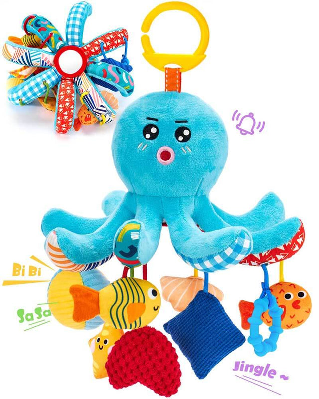 Car Seat Toys for Babies 0–12 Months – Hanging Baby Activity Toy for Car Seat, Stroller, Crib & Gym – Infant Plush Rattle with Mirror, Crinkle, Clip-On for Boys & Girls | Shinymarch