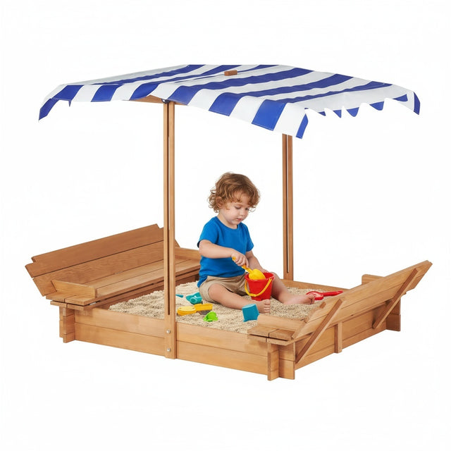 Kids Sandbox with Adjustable Cover, 46'' Wooden Sand Box with 2 Foldable Bench Seats, Outdoor Sandpit for Backyard Play
