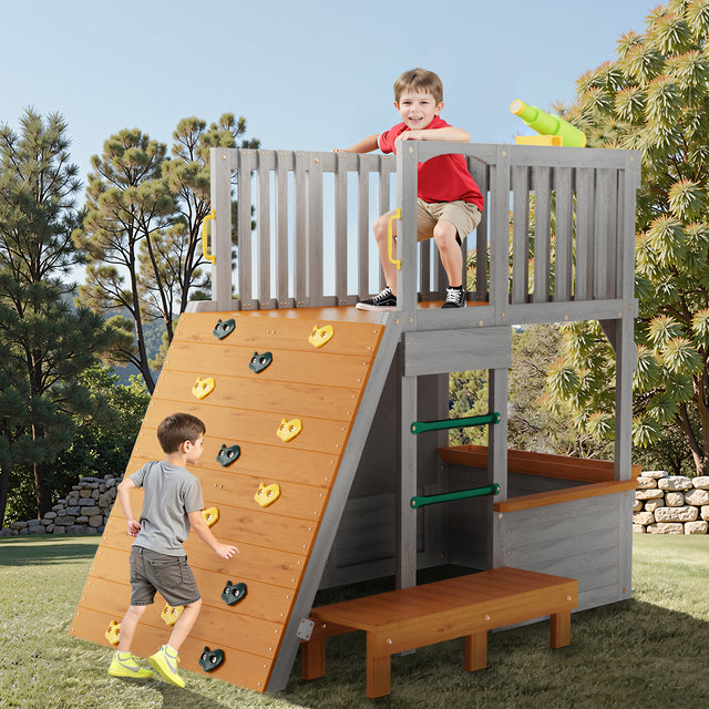 Large Sturdy Wooden Playhouse for Kids Realistic Modern Design Lookout Post Telescope Climb Ramp-for 5-8 Children's Outdoor Play